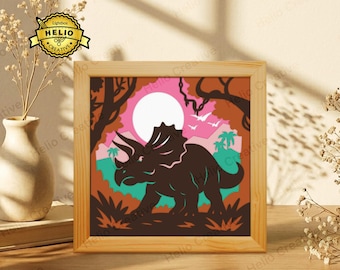 Dinosaur Paper Cut Lightbox SVG, Triceratops Shadow Box Template for Cricut, Laser Cut