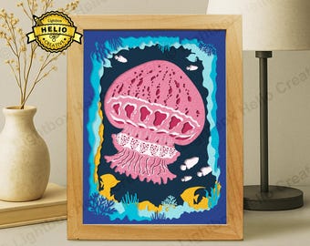 Jellyfish Paper Cut Lightbox SVG, Underwater Ocean Shadow Box Template for Cricut Silhouette