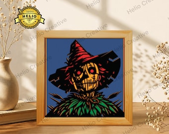 Vogelverschrikker Halloween 3D gelaagde schaduwdoos SVG, griezelige lichtbaksjabloon voor Cricut, lasersnijden