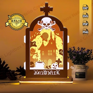 Halloween Headstone 3D Pop-up Lightbox SVG DXF Files, DIY Spooky Shadow Box for Cricut, Silhouette, Hand Cut Paper Art, Halloween Decor