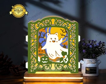 Halloween pop-up lichtbak SVG: Spookkat schaduwdoos sjabloon, Cricut, lasersnijden, Silhouette
