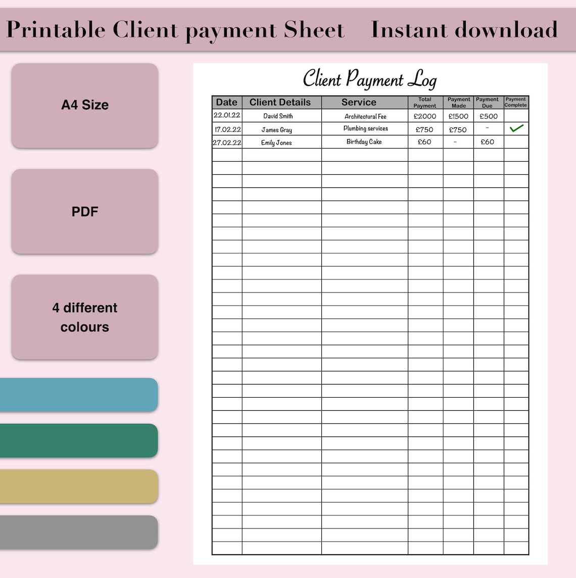 Printable Client Payment Log Sheet, Client History, Business Finance ...