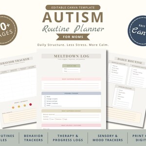 Op de afbeelding: Een bewerkbare Canva-sjabloon voor een Autism Routine Planner voor moeders. De planner bevat een gedragstracker, een meltdown-logboek en dagelijkse routinepagina's. Het ontwerp is in neutrale kleuren.