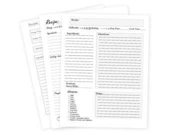 Printed Recipe Planner Refills for Workbook, Journal, Notebook (25 sheets)