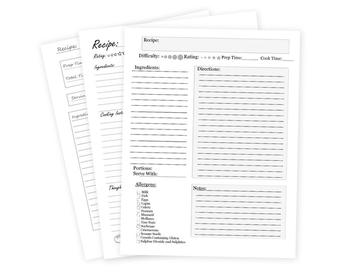Printed Recipe Planner Refills for Workbook, Journal, Notebook (25 sheets)