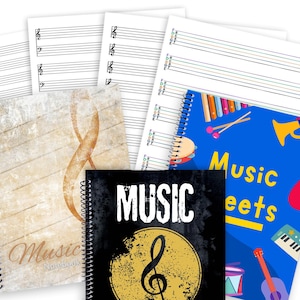 May include: Four different music notebooks with spiral bindings. The notebooks have different designs featuring musical notes, instruments, and the words "Music Notebook" and "Music Sheets".
