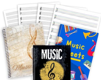 Music Sheet Notebook - 4 staff styles to choose from. 3 Cover Styles or Customize with your own cover designs.