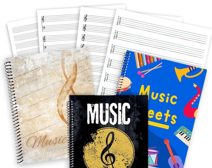 Music Sheet Notebook - 4 staff styles to choose from. 3 Cover Styles or Customize with your own cover designs.