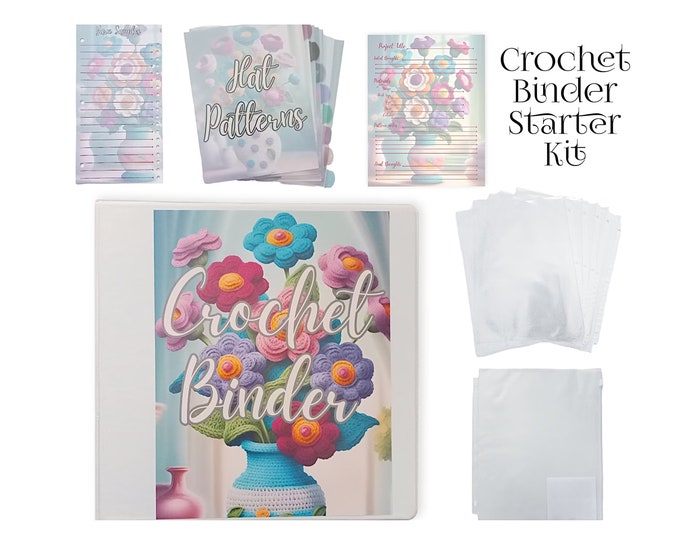 Featured listing image: Crochet Binder Starter Set - Includes Decorated Front, Back and Spine, Dividers, Yarn Sampler, Project Planners and More!