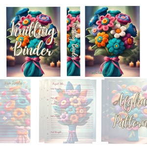 May include: A colourful knitting binder with a floral design. The cover features a bouquet of yarn flowers in shades of blue, pink, orange, and yellow. The title "Knitting Binder" is written in a whimsical font.