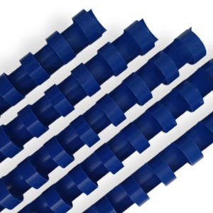 May include: Five blue plastic coil binding spines, each with a series of evenly spaced holes. The coils are arranged in a diagonal line, with the top coil slightly offset from the others.