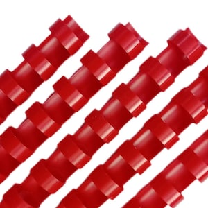 May include: Five red plastic binding spines against a white background. Each spine has a spiral design with rectangular segments. The spines are a vibrant, solid red colour.