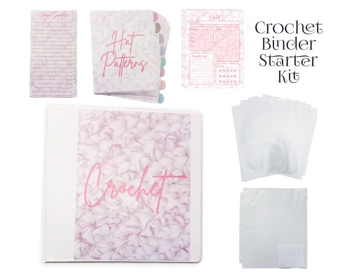 Crochet Binder Starter Set with Decorated Covers and Spine, Yarn Sampler, Large Slider Pouch, Dividers and More!