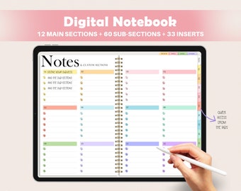 Digital Notebook with Tabs, Hyperlinked Notebook, Digital Notebook Goodnotes,  Rainbow, Digital Notetaking, Student Notebook Ring, Goal Plan