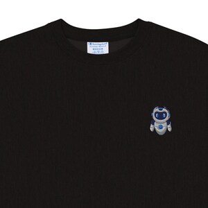 May include: Black long-sleeve sweatshirt with a small embroidered robot on the left chest and a Champion logo on the right sleeve.