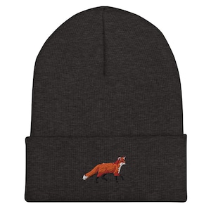 Embroidered Fox Beanie Hat, Red Fox Cuffed Beanie Knitted Hat