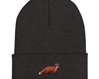 Gorro de raposa bordado, gorro de malha com punho de raposa vermelha