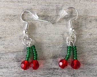Earrings, Cherries, Beads, Red and Green