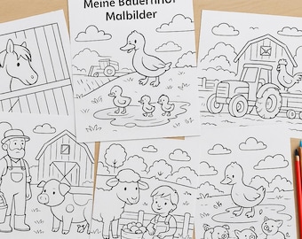 Målarbilder med bondgårdsmotiv för barn | 20-sidig utskrivbar PDF | Målarbok med djur och traktorer | Direkt digital nedladdning