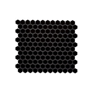May include: Black hexagonal mosaic tiles arranged in a repeating pattern. The tiles are glossy and have a smooth surface.