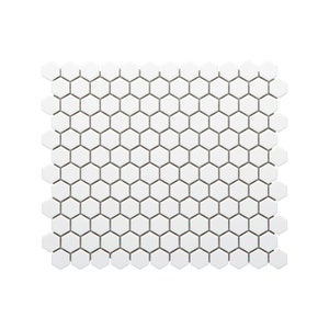 May include: White hexagonal ceramic tiles arranged in a grid pattern. The tiles are small and have a smooth, glossy finish.