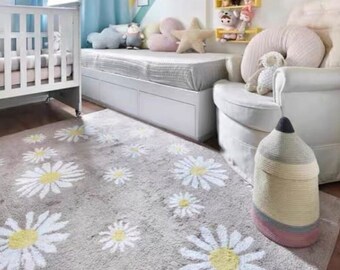 63x48 Inch Soft Area Rug with Pretty Daisy Floral Floor Rug,Non-Slip Large Carpet for Bedroom,Living Room,Kids Room