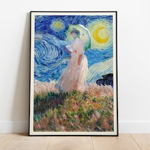 Van Gogh Stjärnklar natt & Monet Fusion Konsttryck: Postimpressionistisk väggdekoration