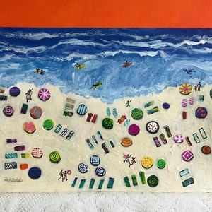 Lots of Fun in the Summertime, ocean art, beach painting, painting on paper ready to frame, beach with people in the ocean art