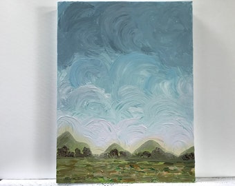 May include: A painting of a landscape with a blue sky and green hills. The sky is painted with swirling brushstrokes, creating a sense of movement. The hills are simple and rounded, with a few trees scattered across the foreground.