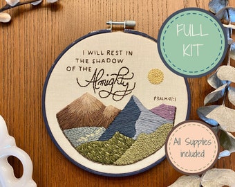 Complete DIY Embroidery Kit for Beginners, I Will Rest in the Shadow of the Almighty, Mountains, Christian Embroidery, Cross Stitch Kit