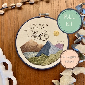 Complete DIY Embroidery Kit for Beginners, I Will Rest in the Shadow of the Almighty, Mountains, Christian Embroidery, Cross Stitch Kit