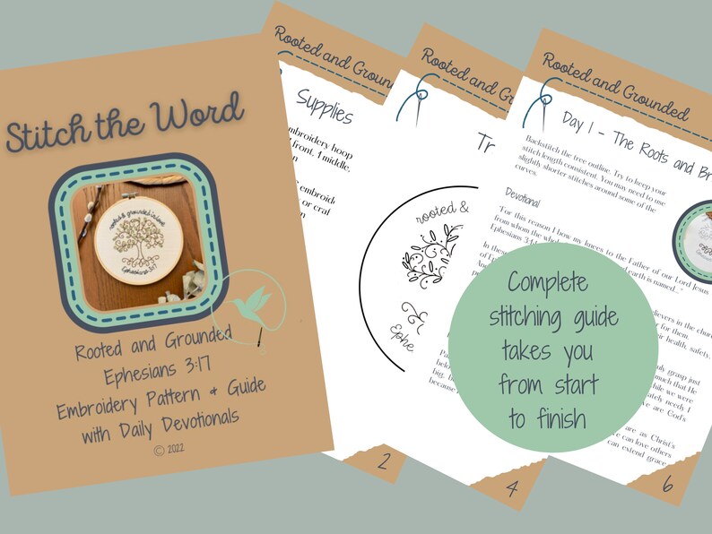 Puede incluir: Una gu&iacute;a de manualidades titulada "Stitch the Word" con un patr&oacute;n de bordado y devocionales diarios. La portada presenta un dise&ntilde;o de &aacute;rbol bordado en un aro de madera. La gu&iacute;a incluye instrucciones y una gu&iacute;a de costura completa.