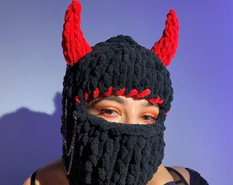 Balaclava devil horns, Scary balaclava, Devil scull horns balaclava, Balaclava with ears, Devil ski mask, Knit balaclava mask