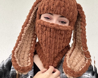 Pasamontañas de conejo de ganchillo personalizado con orejas de dos colores / Pasamontañas para festivales rave / Orejas de conejo / Orejas de pasamontañas / Capucha de conejo de ganchillo