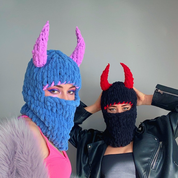 Balaclava devil horns, sexy halloween costume , balaclava with ears, halloween with horns, knitted balaklava, monster , ski mask, pink black