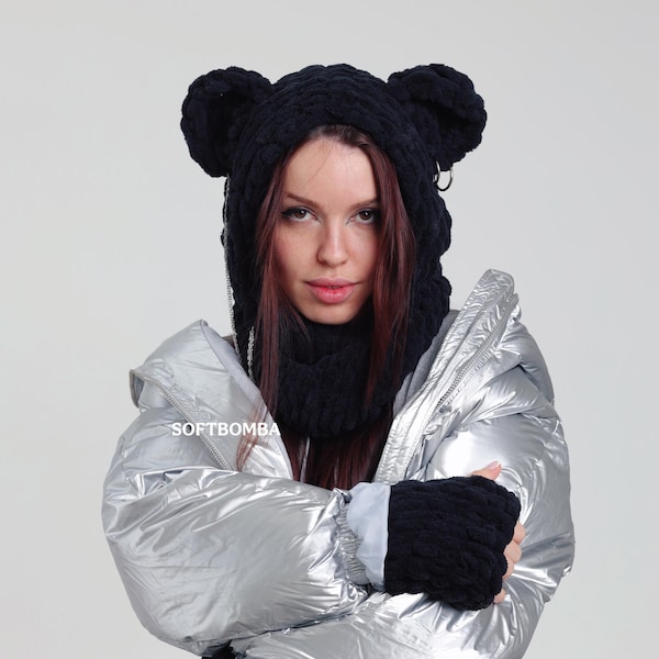 Bear knit balaclava hood , teddy face mask, Crochet bear hood, Beanies with ears, Bear hat, Bear knit balaclava, Teddy hat