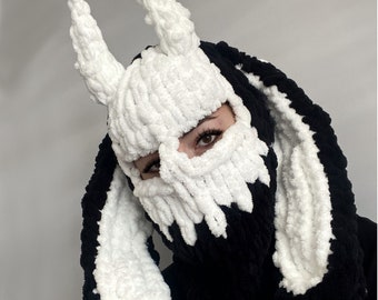 Halloweek Devil Bunny Balaclava, Knitted Horned Festival Mask