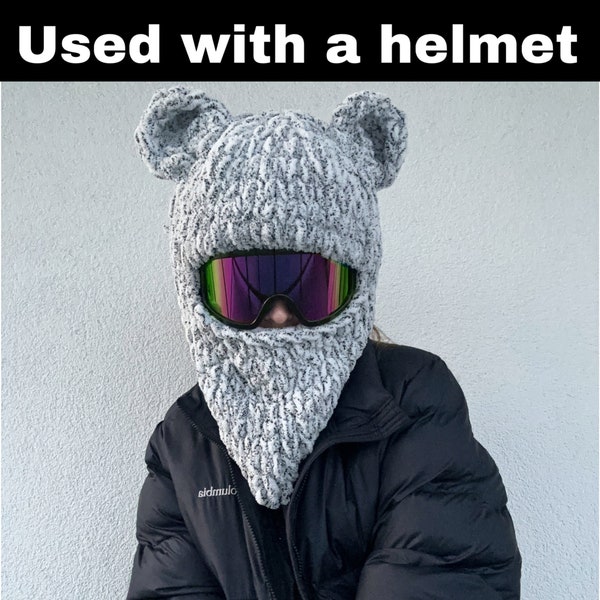 Couverture de casque Bear Balaclava , Masque de ski avec oreilles sur un casque , Crochet Balaclava, Cagoule du diable, Masque cagoule tricoté, Ours chapeau tricoté