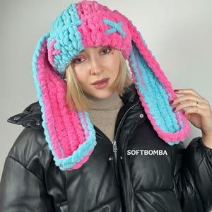 Bonnet fendu au crochet Bunny Beanie, Bonnet d&#39;hiver à longues oreilles de lapin double couleur, Bonnet rave Festival, oreilles de lapin, Bonnet alternatif avec oreilles