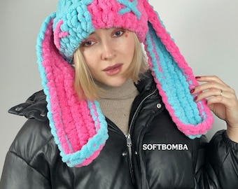 Crochet Bunny Beanie Split Hat, Bunny long ear winter hat double color, Festival rave beanie hat bunny ears, Alternative hat with ears