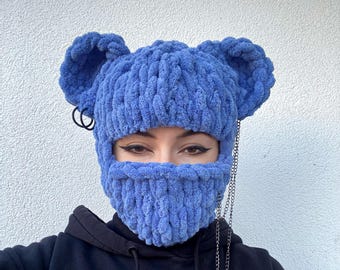 Cagoule tricotée avec oreilles d'ours, masque de ski animal au crochet, capuche d'hiver personnalisée