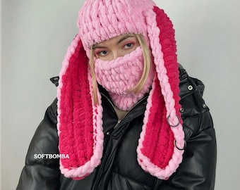 Black White Striped Balaclava With Ears: Hand Knit Bunny Mask - Etsy