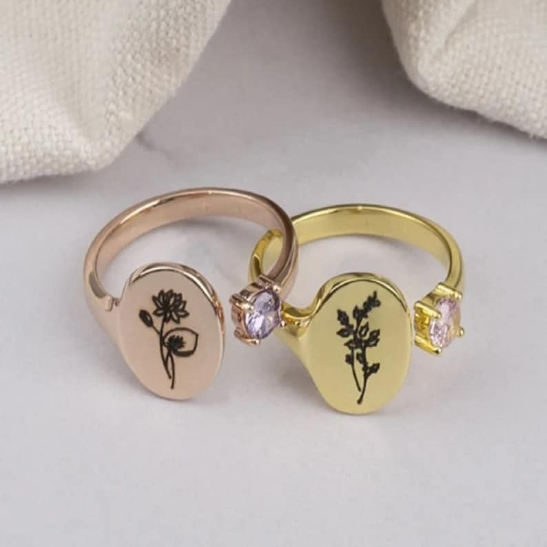 Personalized Birth Flower Ring Dainty Birthstone Floral Ring Etsy