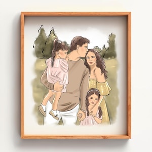 Retrato familiar personalizado a partir de una foto, retrato digital en acuarela sin rostro, regalo de aniversario para padres, dibujo de dibujos animados para iPad, impresión familiar.