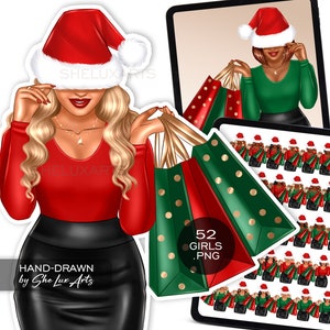 Christmas shopping clipart, Fashion girl wearing Santa hat PNG, Black woman with shopping bags clip art, Christmas girl boss, Winter lady