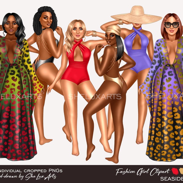 Fashion clipart girl, Beach girls PNG, Summer girl clipart bundle, Black woman clipart, Afro girl, Swimsuit girls art, Tropical sassy girl,