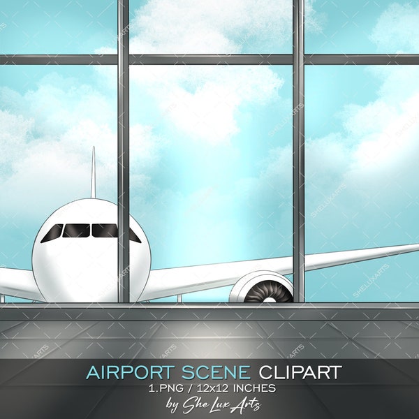 Airport and Airplane background scene clipart, Travel clipart, Vacation scene clipart for travel planner, Girls Trip digital background PNG