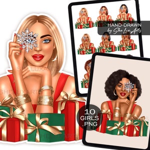 Clipart de Natal de mulher negra, garota Fahion com presentes e clipart de floco de neve, Natal afro-americano, PNG para cartão de Natal