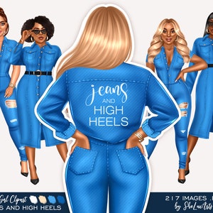 Denim girl clipart, Black woman clipart, Fashion clipart girl, Black girl clipart, Instant download, Girl boss clipart, Jeans girl clipart