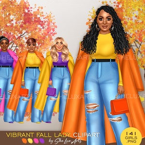 Fall fashion woman clipart, Black girl PNG, Fashion girl clipart, Autumn clip art, Curvy women under fall tree, Vibrant lady in coat clipart